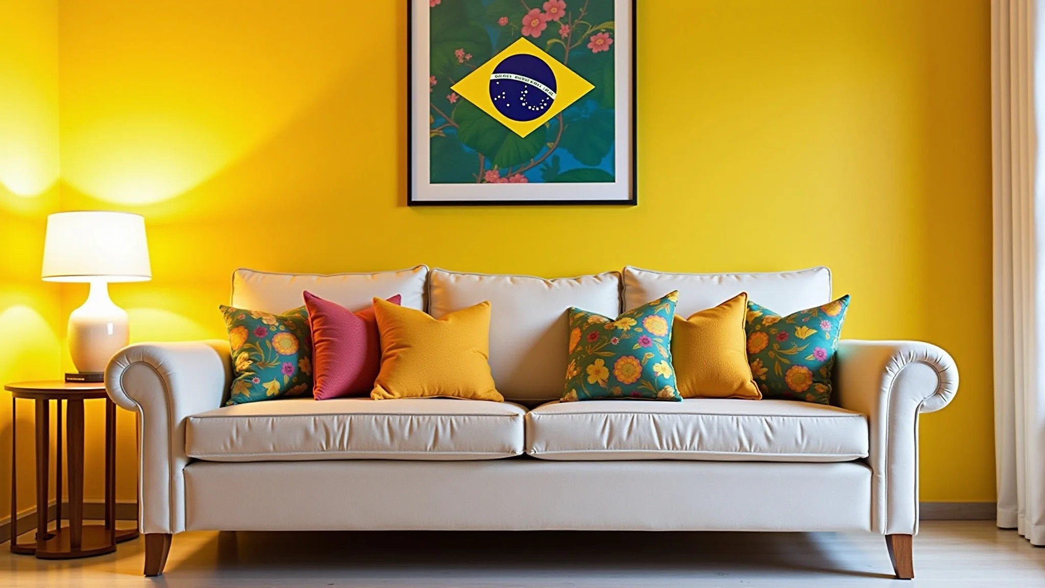 Sala de estar com detalhes amarelos, iluminação brilhante e almofadas coloridas.