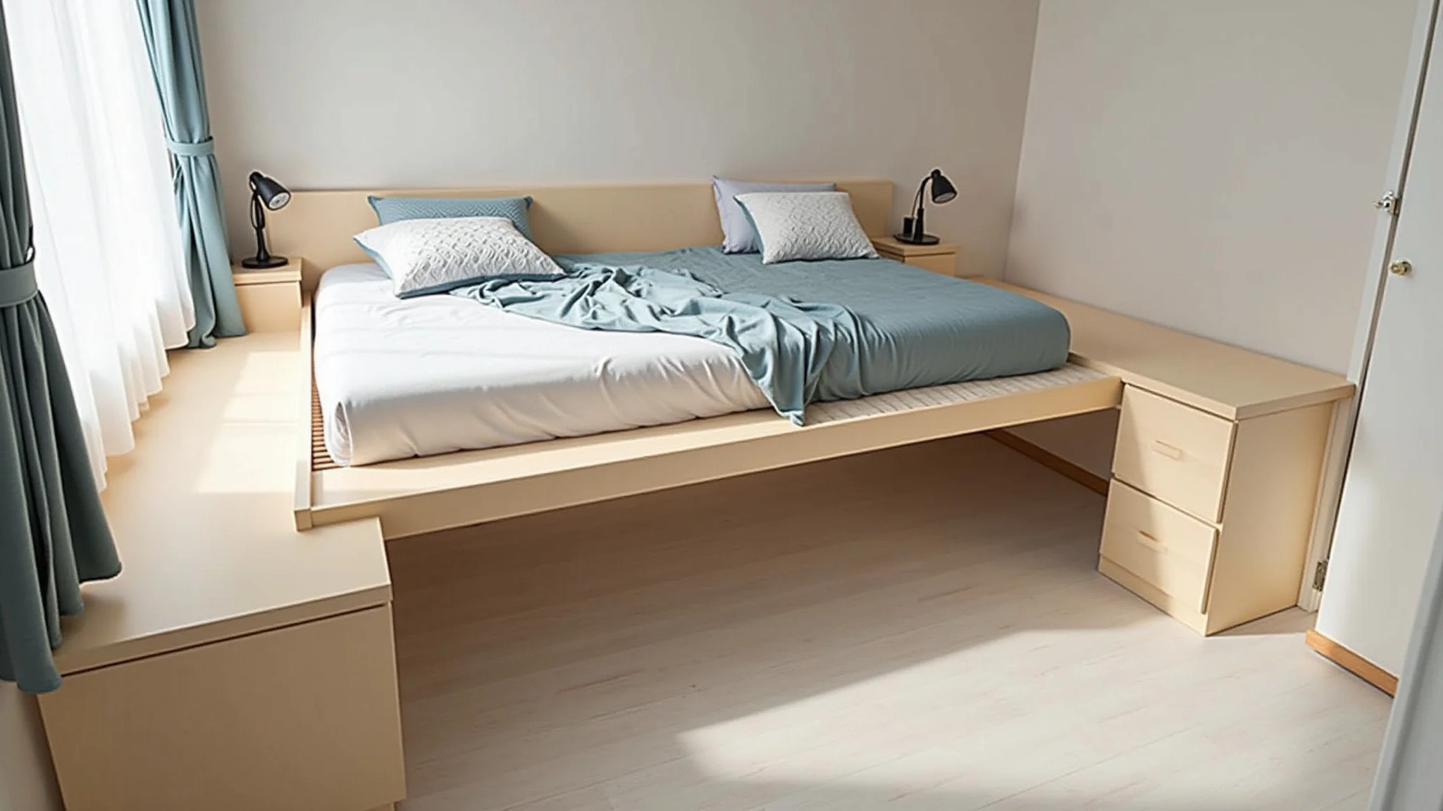 Quarto de loft com cama box baú, espaço organizado e design minimalista.