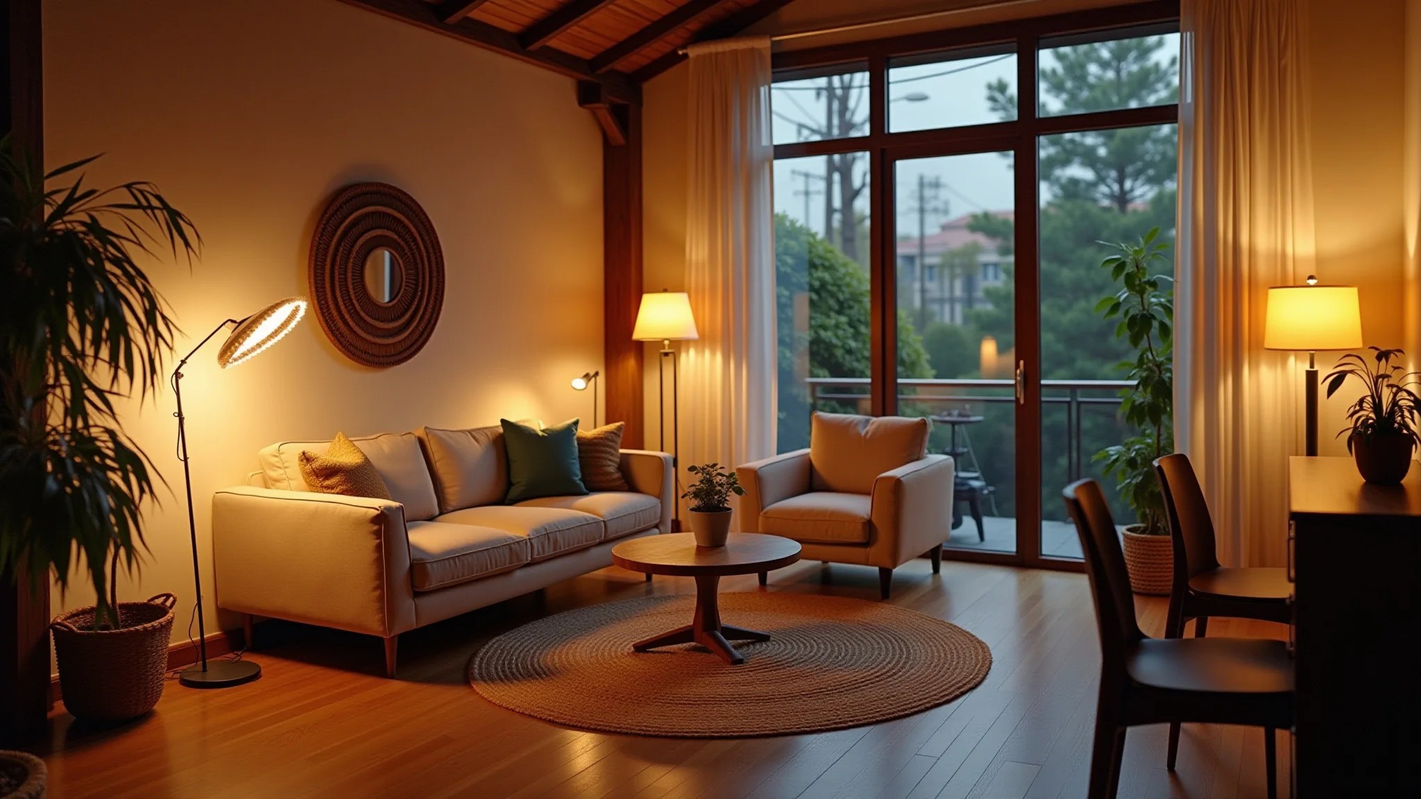 Interior de loft com iluminação inteligente criando ambiente aconchegante e design brasileiro.