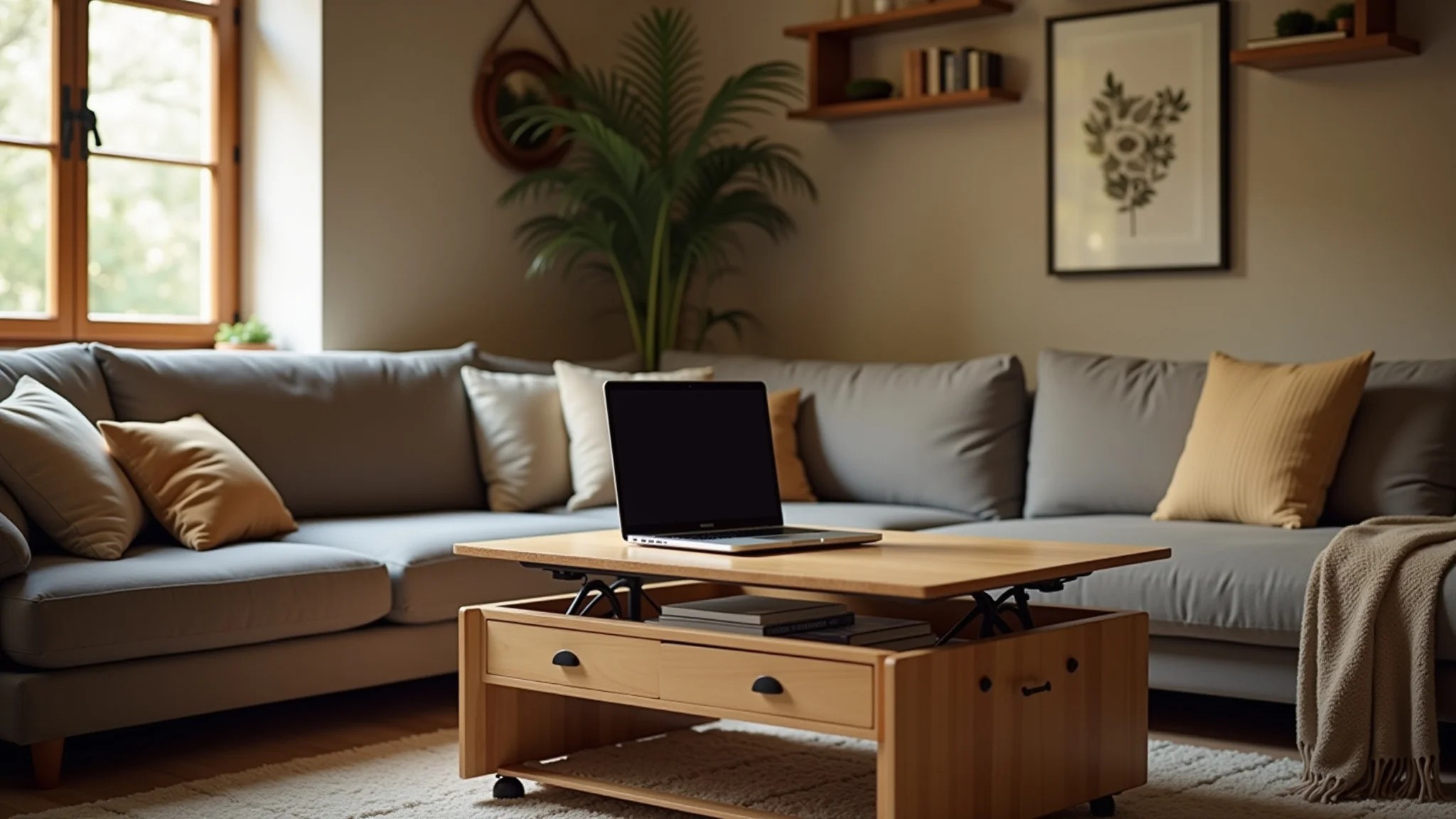 Sala de estar de loft com mesa de centro elevatória, laptop e decoração brasileira aconchegante.