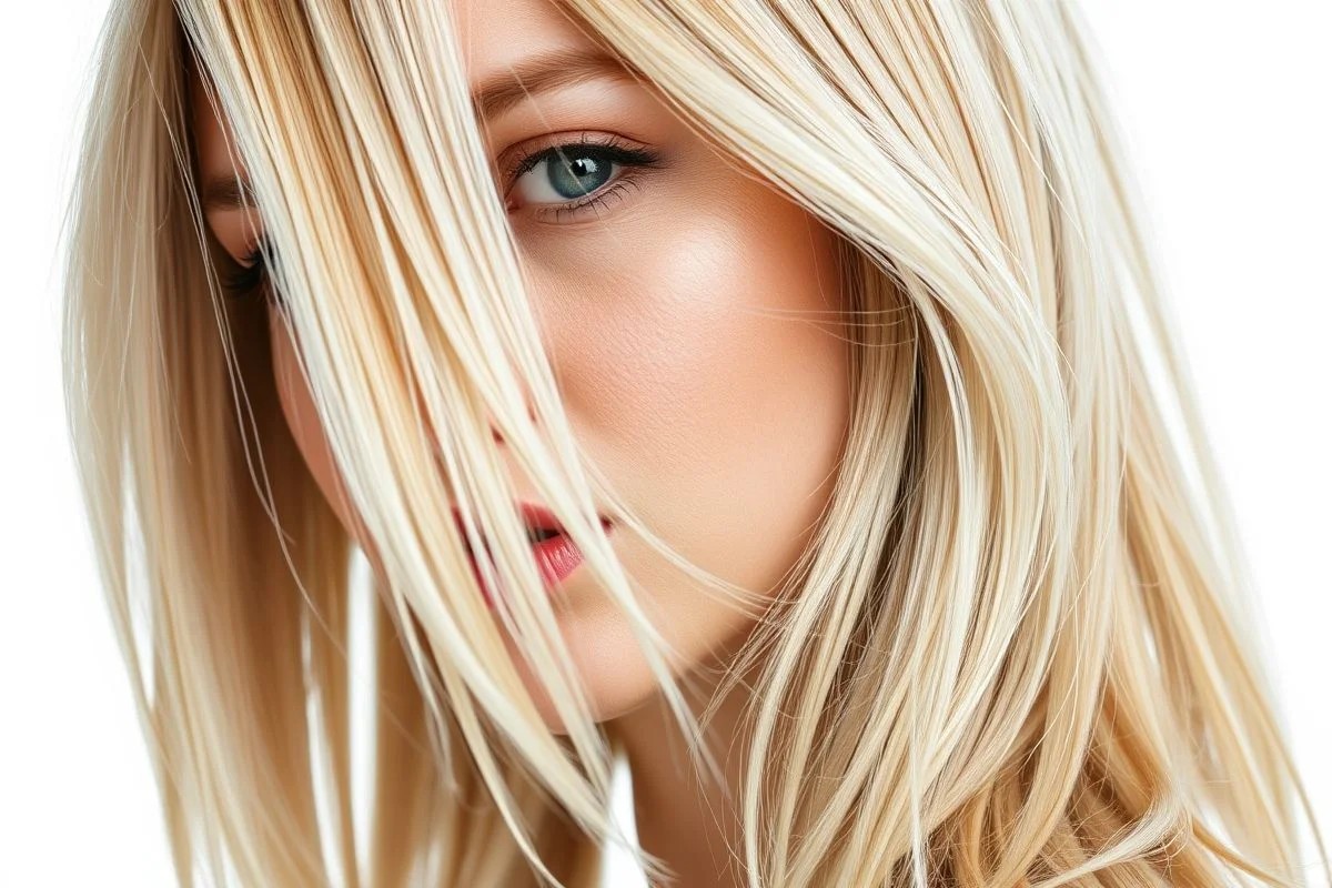 Close-up de corte long bob loiro assimétrico com iluminação profissional.
