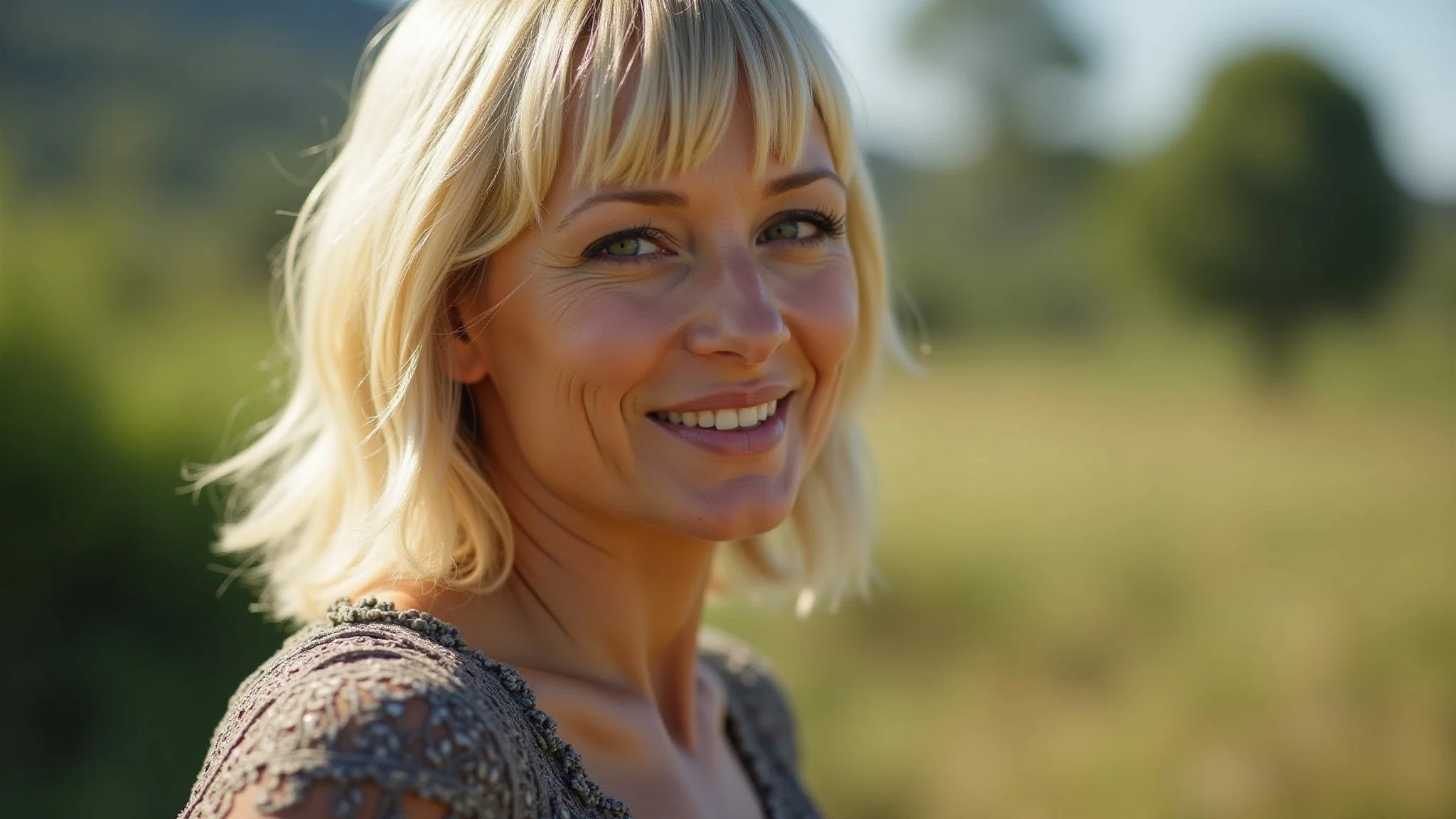 Mulher loira com long bob blunt cut em estilo Farm Rio.