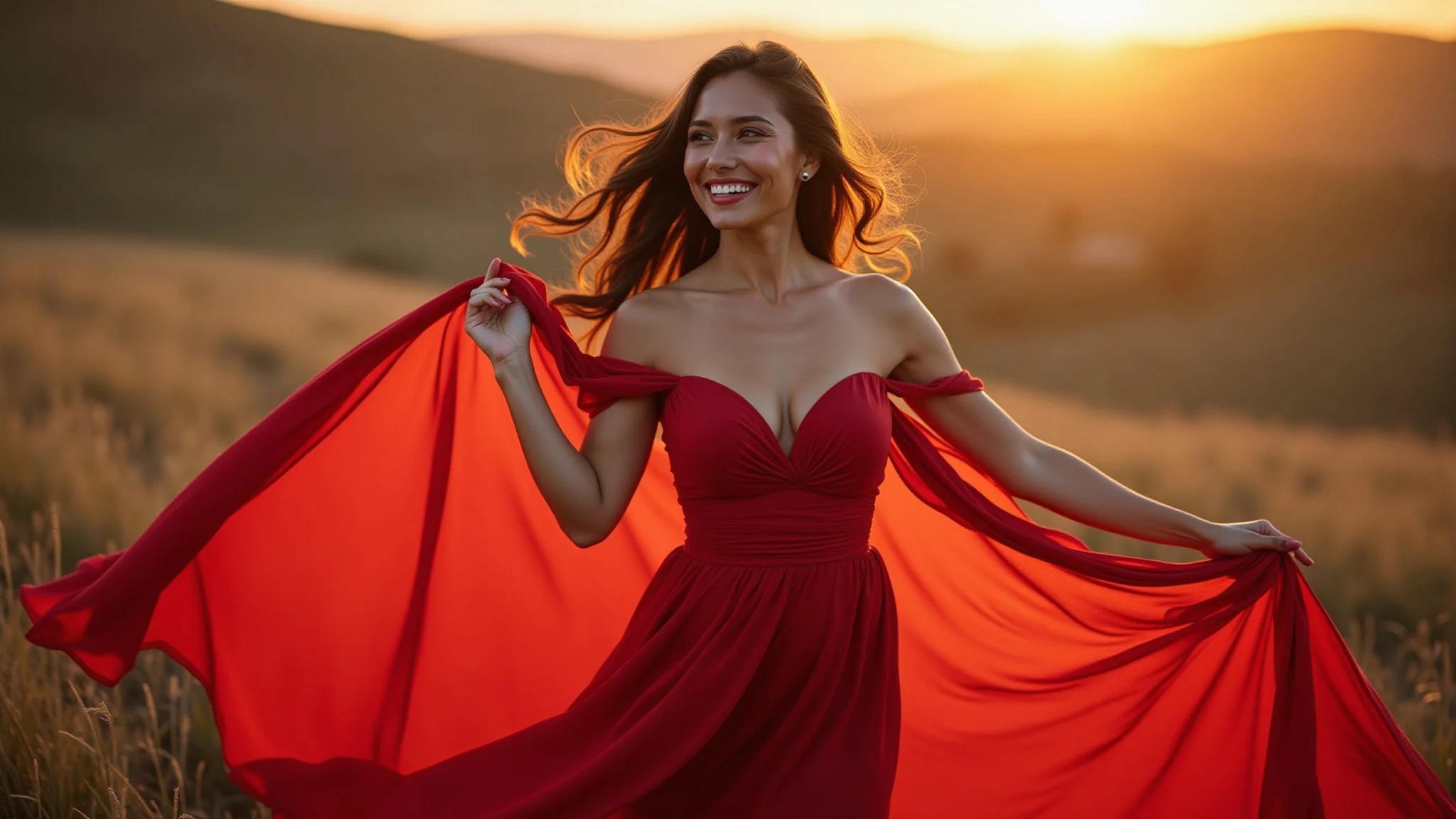 Vestido longo vermelho de seda, mulher brasileira sorrindo sob a luz dourada do sol.