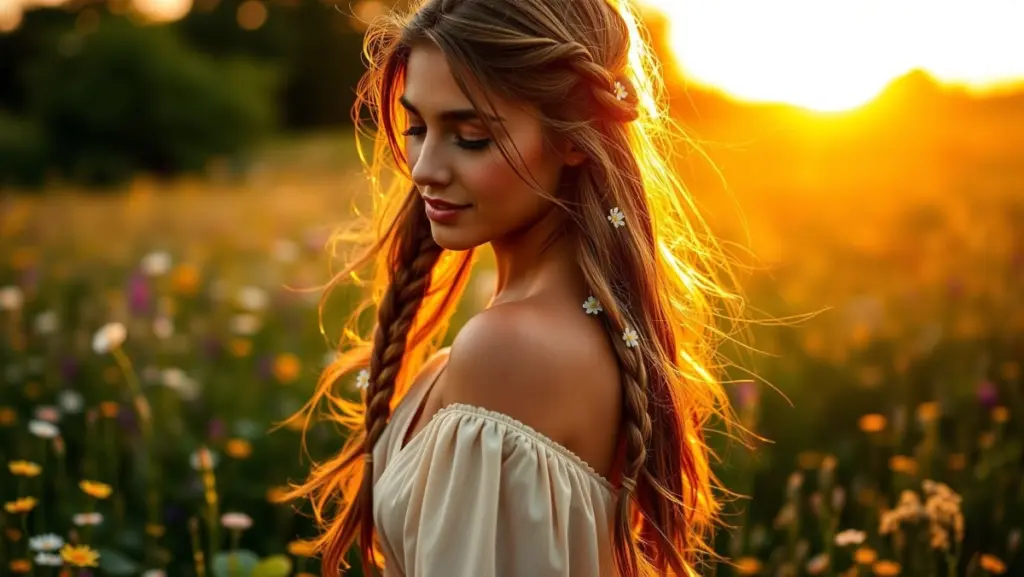 Look Cabelo Meio Preso Boho Chic: Tranças Despojadas e Flores Naturais
