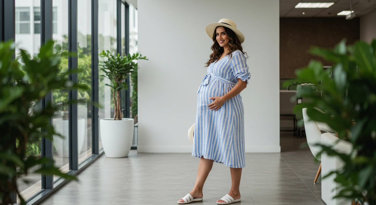 Grávida confiante com look de trabalho e bolsa estilosa