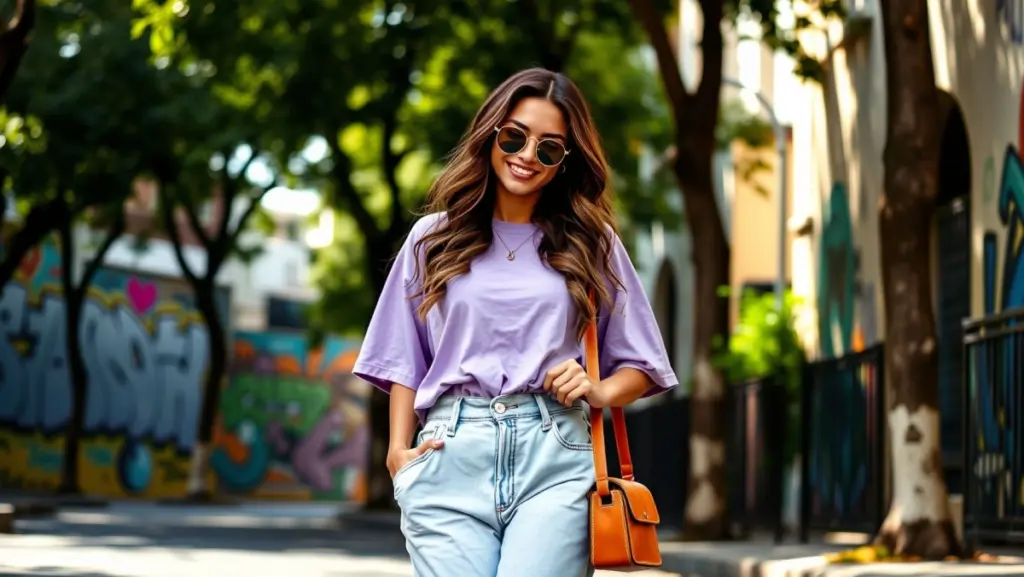 Look Lavanda Casual Chic: Jeans e Acessórios Trendy