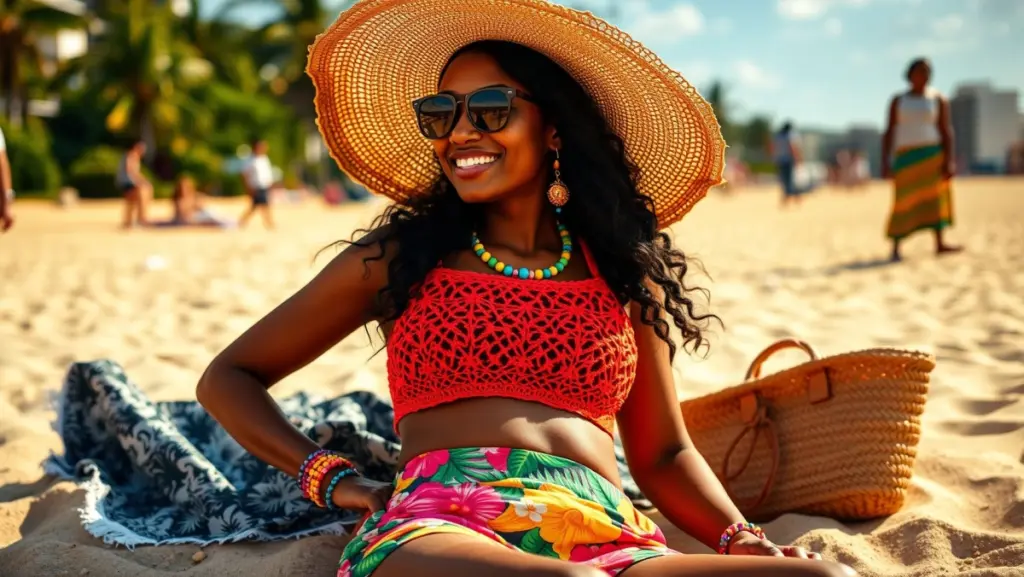 Look Praia com Top Crochê: Cores Vibrantes e Acessórios de Verão Look Praia com Top Crochê: Cores Vibrantes e Acessórios de Verão