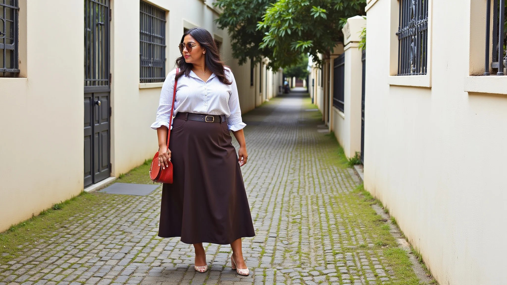 Look casual plus size para trabalho com saia midi e camisa de algodão