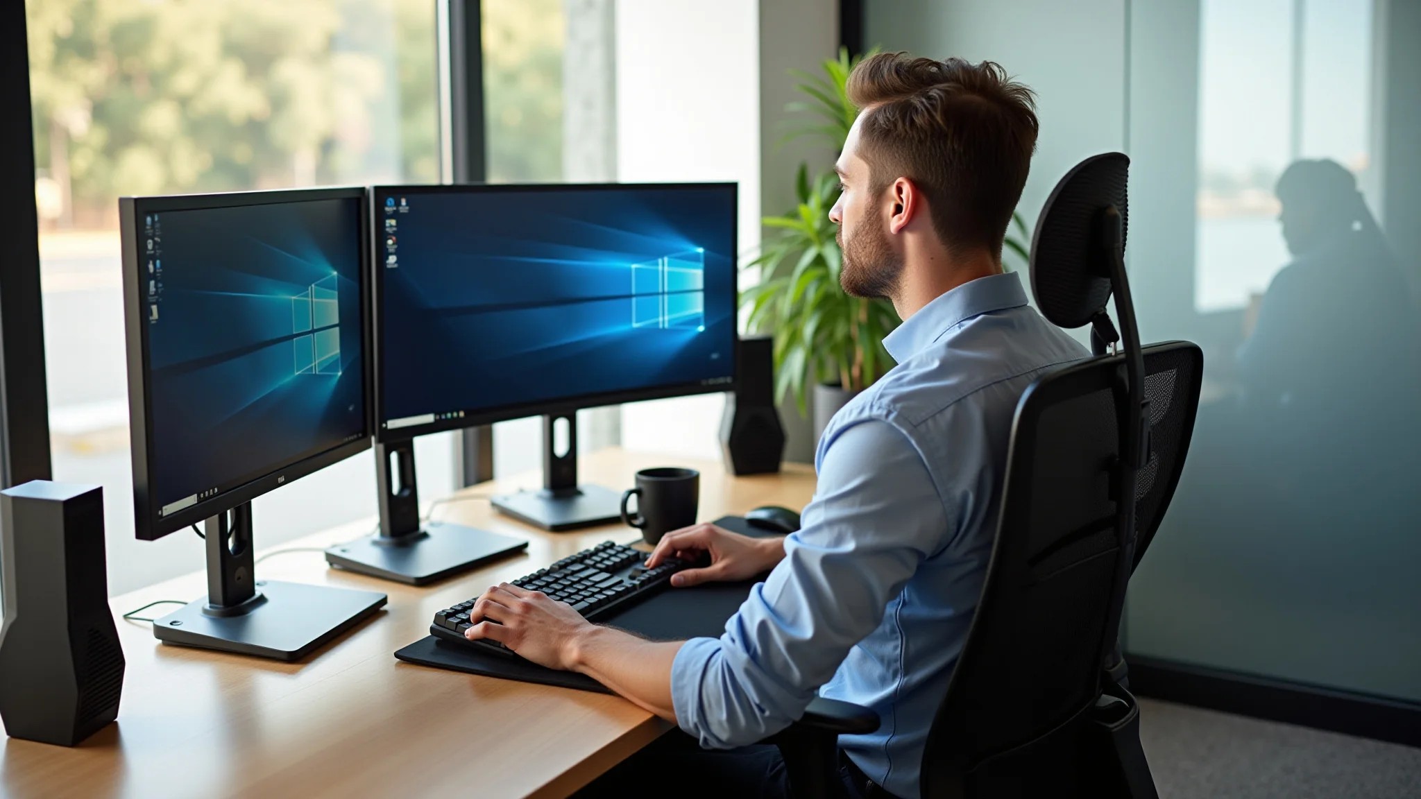 Mesa de canto em L com múltiplos monitores, profissional criativo em escritório iluminado e ergonômico.