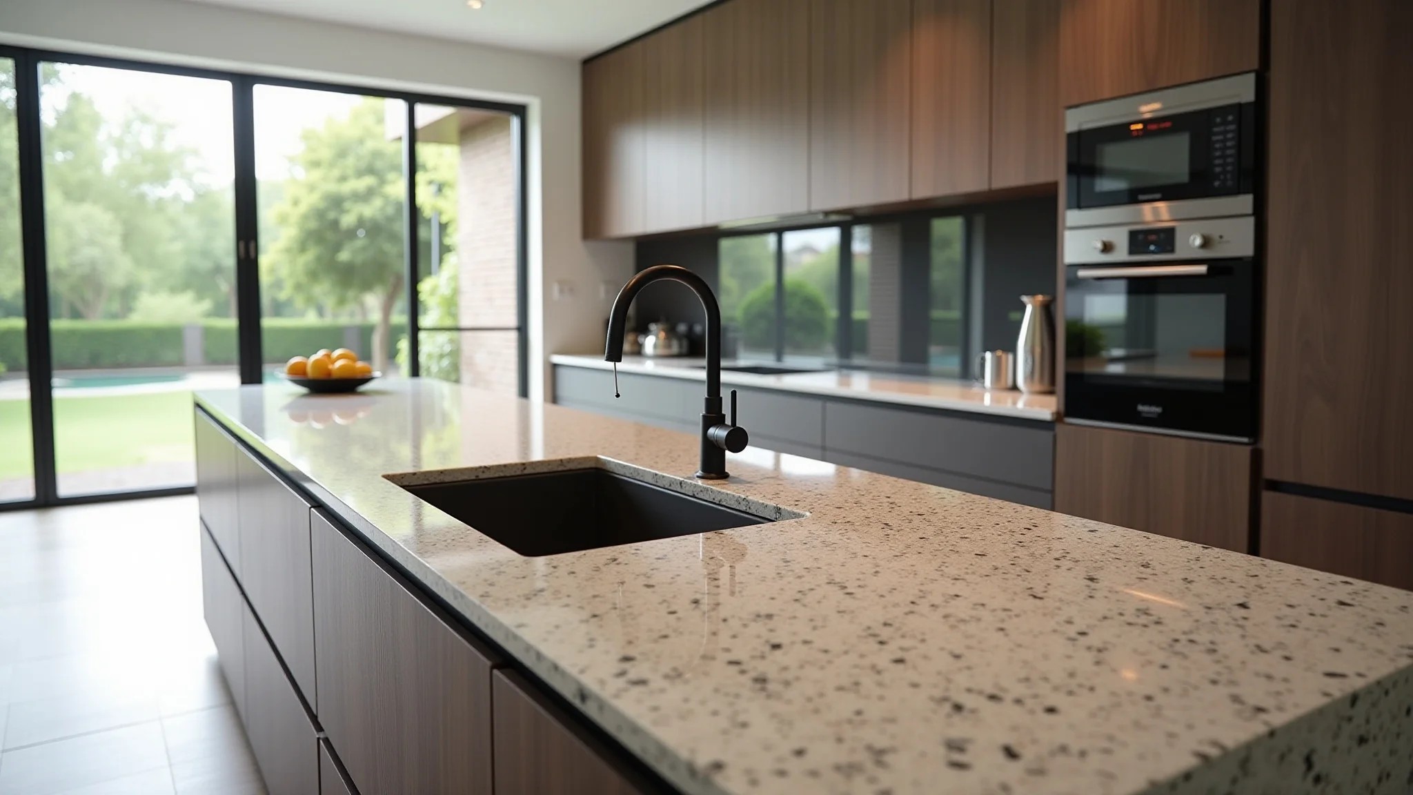 Bancada de cozinha em L de granito com design moderno e iluminação natural.