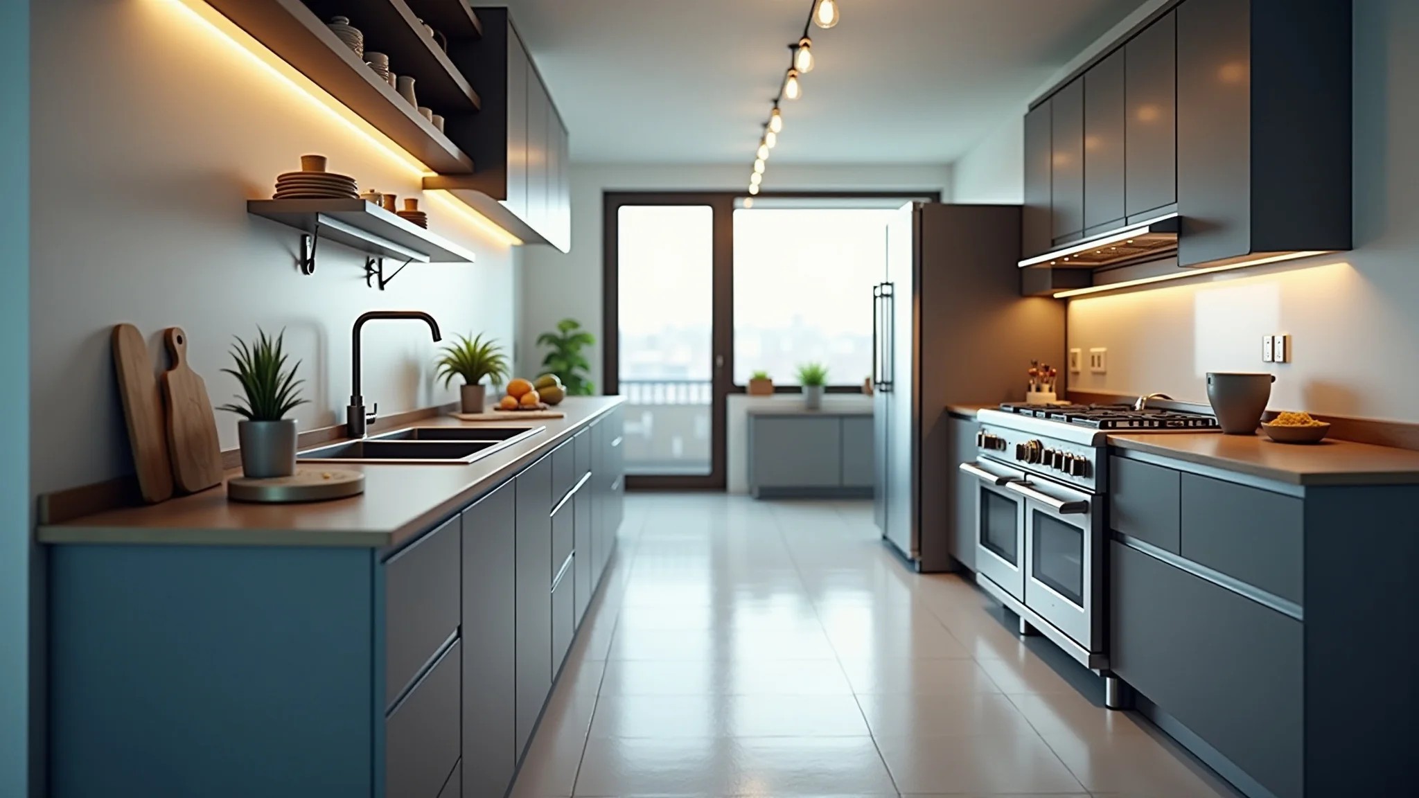Luminária de teto em cozinha moderna, iluminação brilhante, design clean.