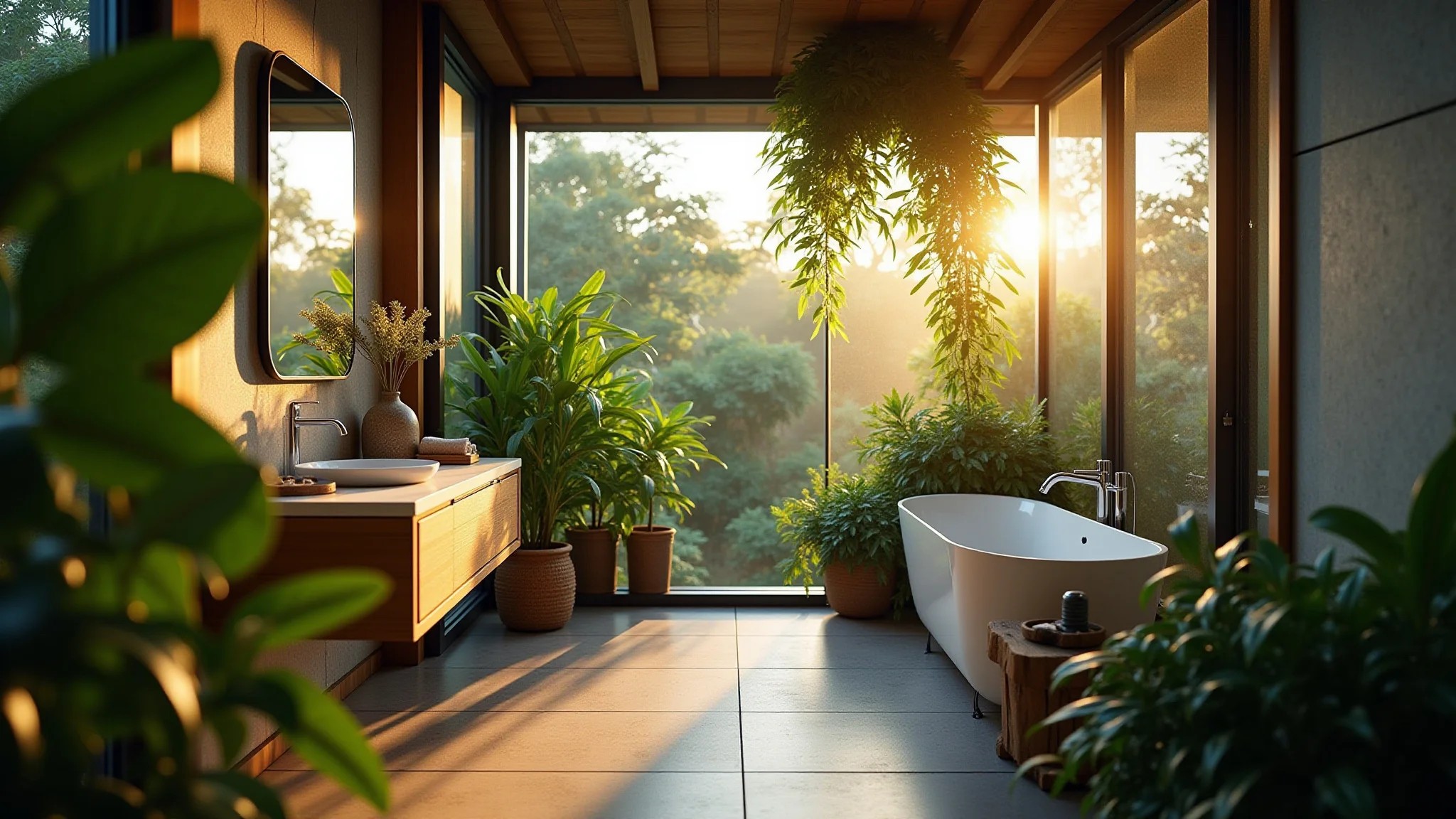 Banheiro com Zamioculca exuberante, design brasileiro moderno, iluminação suave.