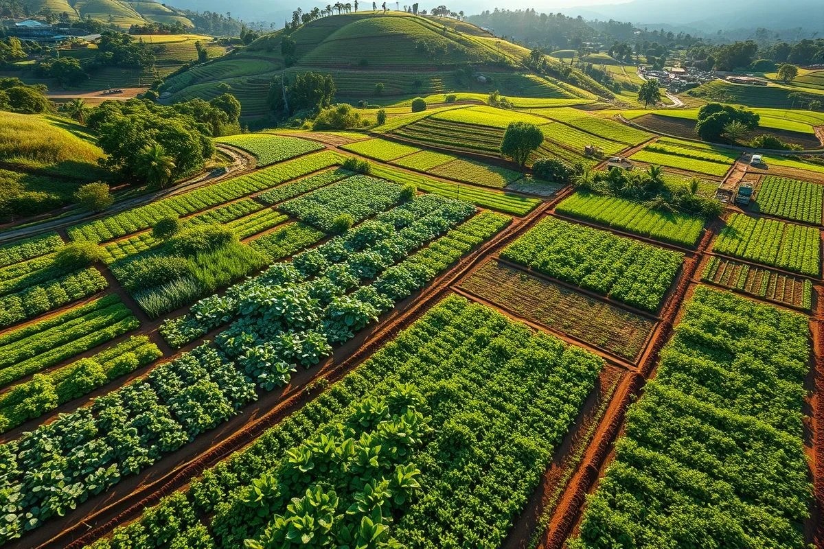 Fazenda biodinâmica no Brasil com diversas culturas e solo saudável.