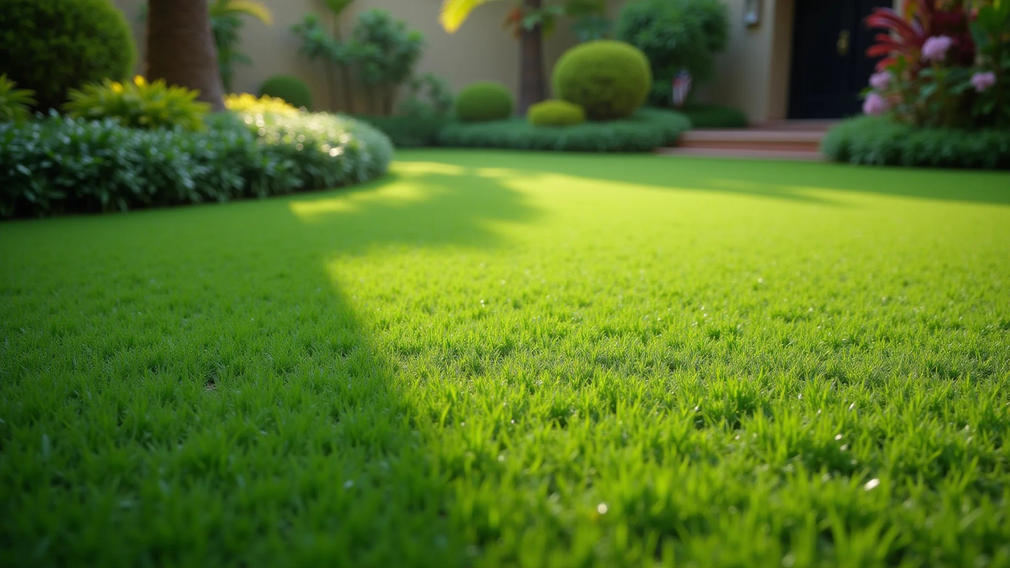 Grama preta exuberante em jardim brasileiro, com detalhes vibrantes e iluminação natural.