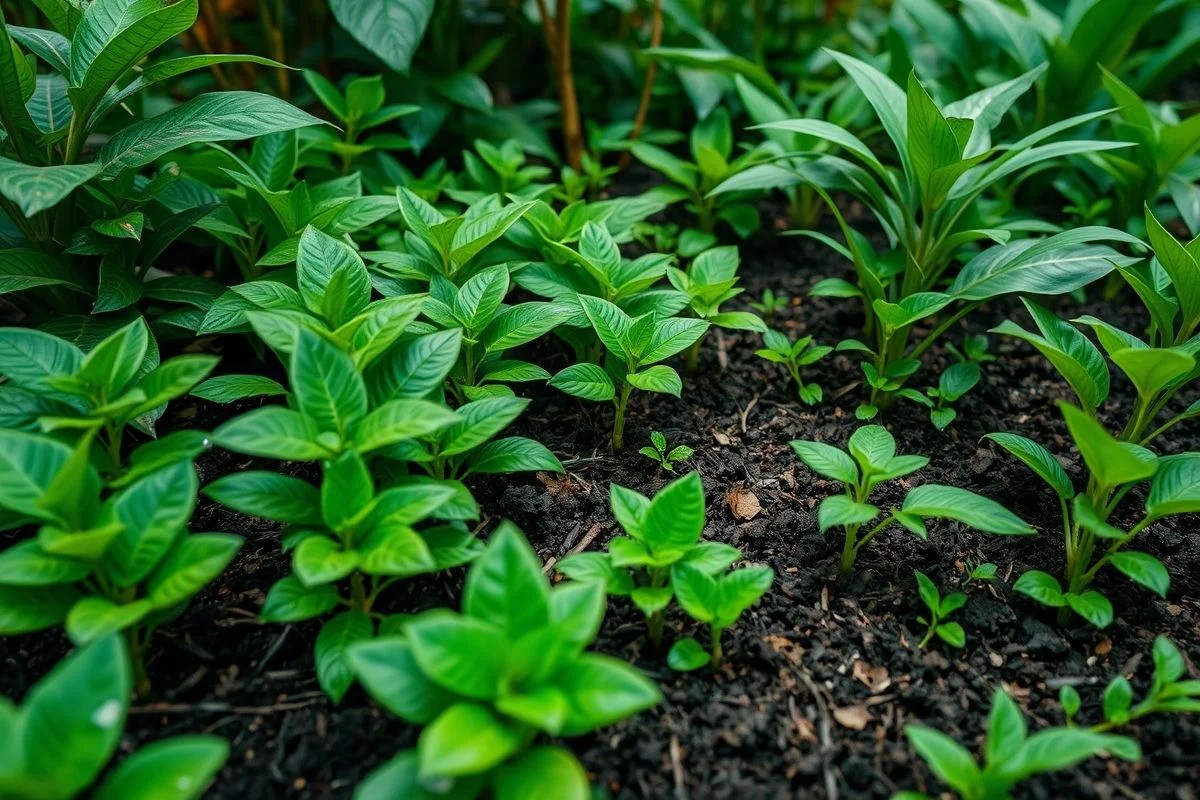 Jardim exuberante com plantas verdes vibrantes crescendo em solo rico e escuro no Brasil