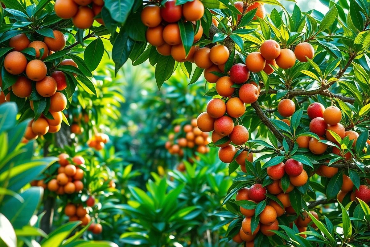 Jardim brasileiro exuberante com árvores frutíferas diversas, paisagismo profissional