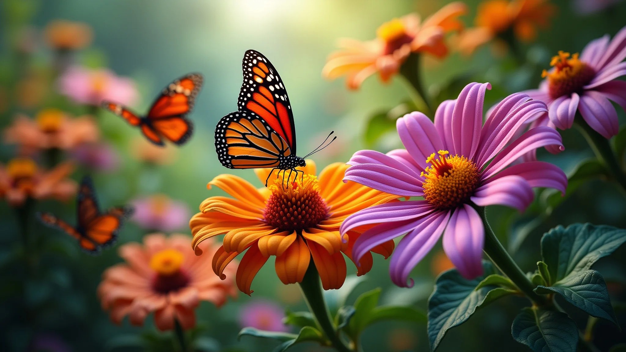 Jardim exuberante com flores vibrantes atraindo borboletas, estilo brasileiro.