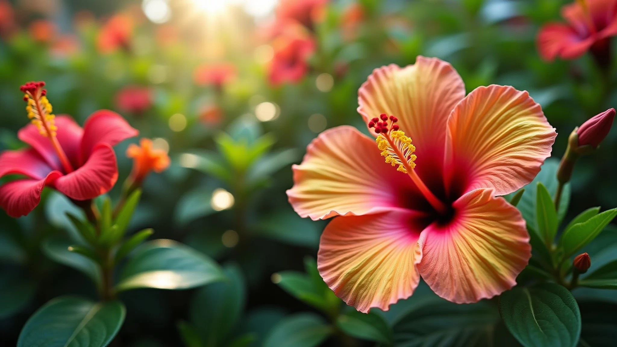 Jardim exuberante com Bougainvillea, Hibisco e Lantana sob a luz do sol forte.
