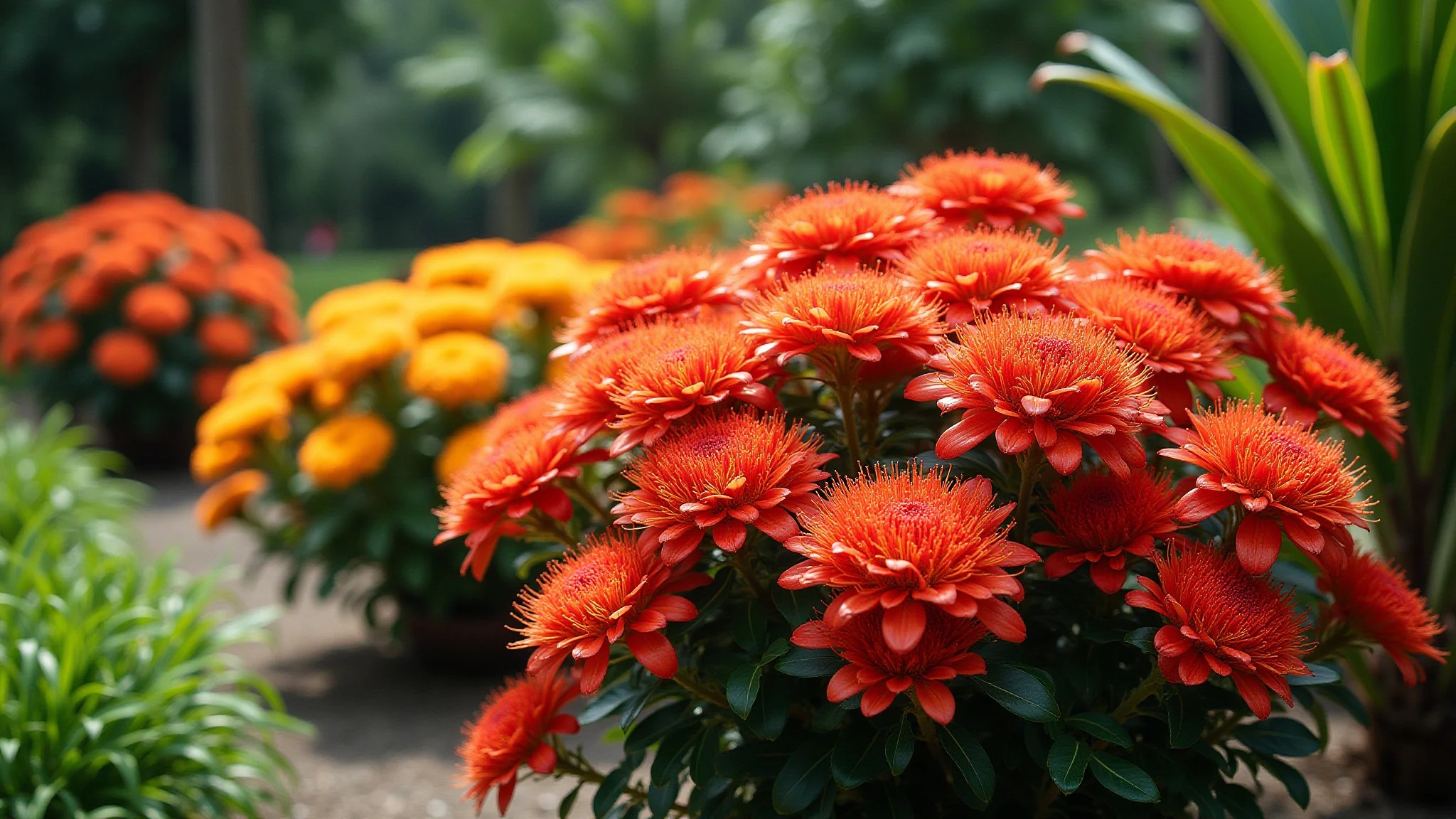 Jardim exuberante com arbustos de ixora em plena floração, cores tropicais vibrantes.