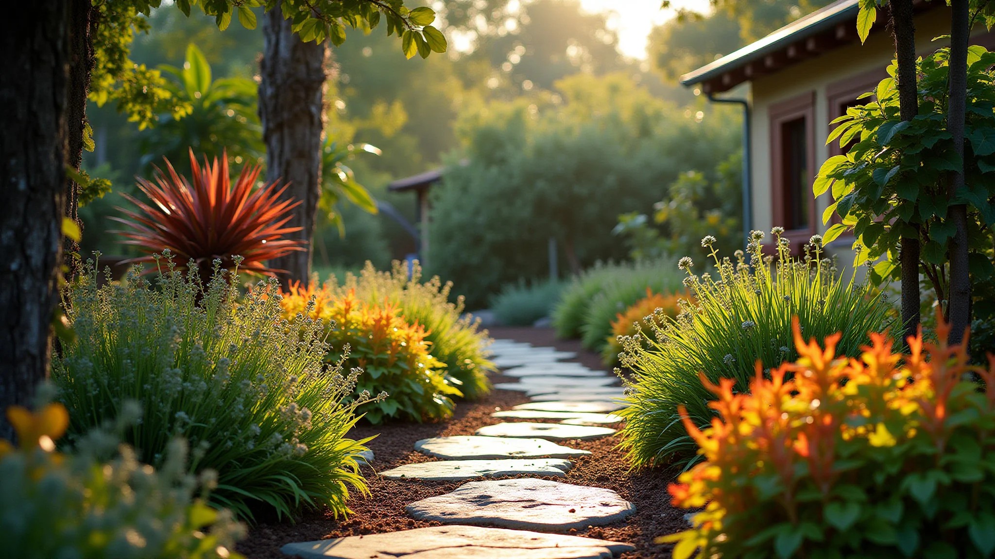 Jardim exuberante com plantas resistentes à seca e caminho de pedras.