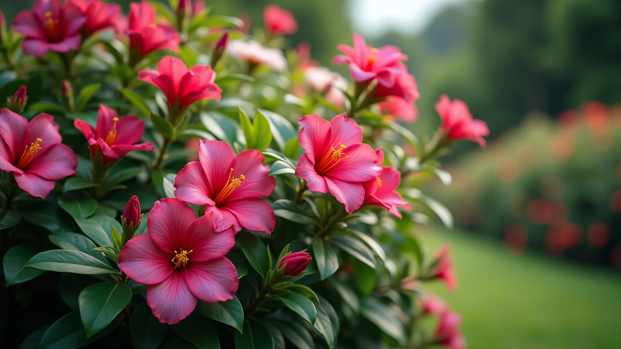 Jardim florido com azaleias, camélias e margaridas, cores vibrantes e estilo brasileiro.