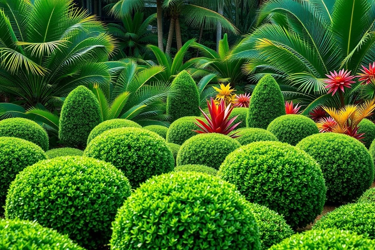 Jardim brasileiro exuberante com diversos tipos de buchinhos e outras plantas tropicais.