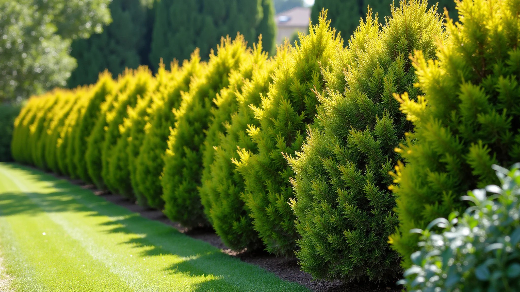 Cerca viva exuberante de cipreste Gold Crest em jardim ensolarado.