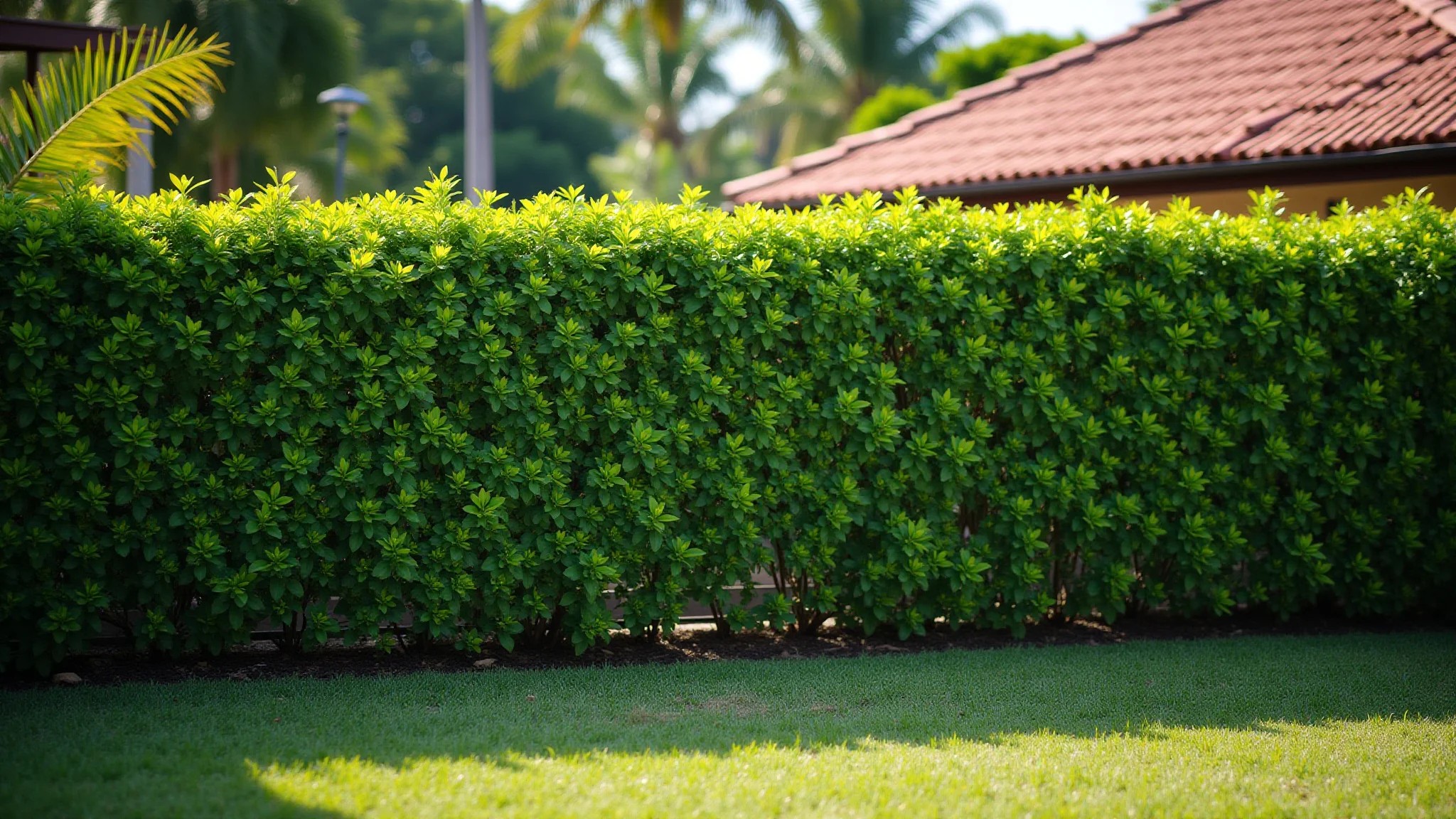Cerca viva exuberante em jardim brasileiro, proporcionando privacidade e beleza natural.