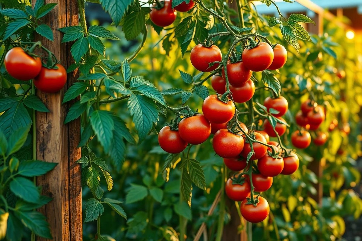 Plantação de tomates em jardim brasileiro com frutos vermelhos maduros.