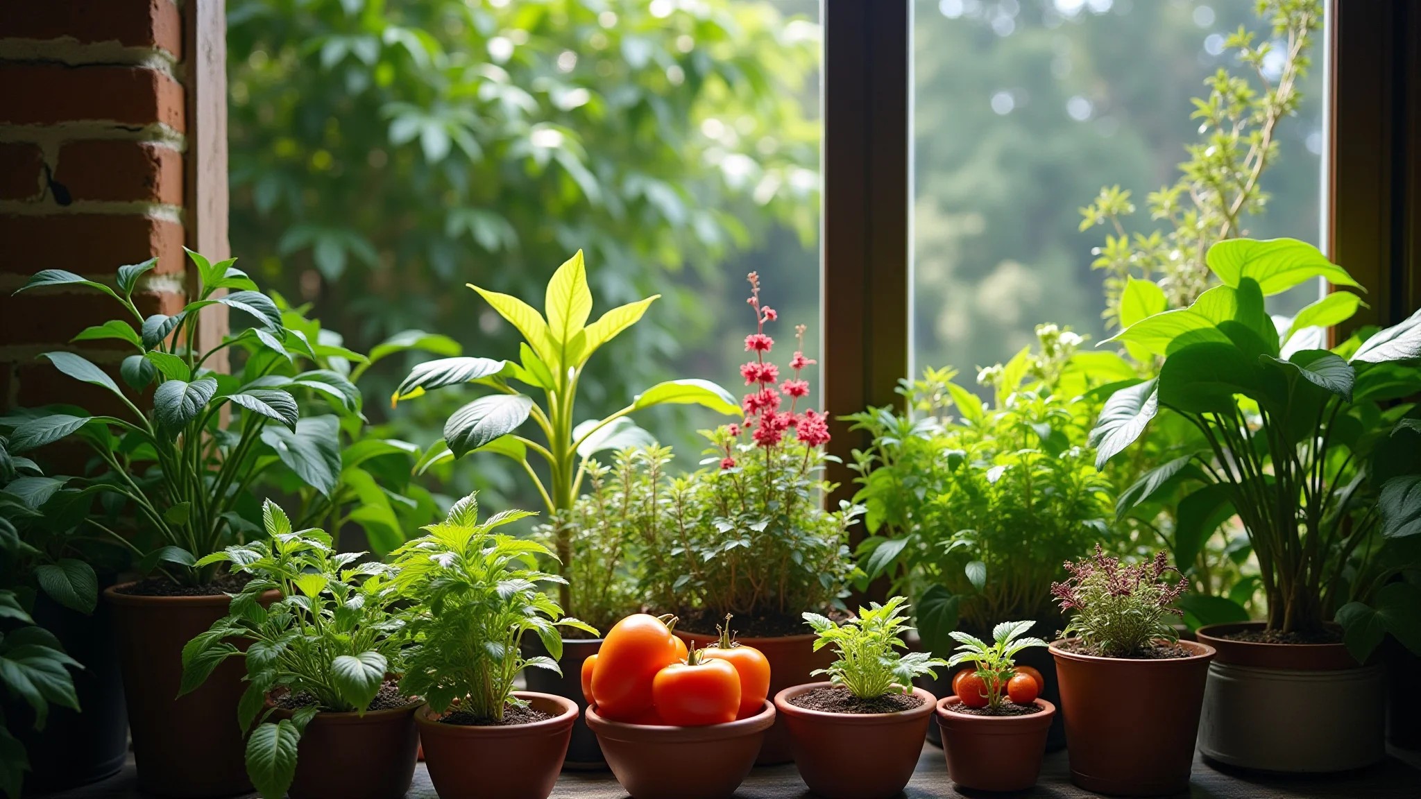 Jardim caseiro exuberante com plantas medicinais variadas, cores vibrantes e foco em estilo de vida saudável.