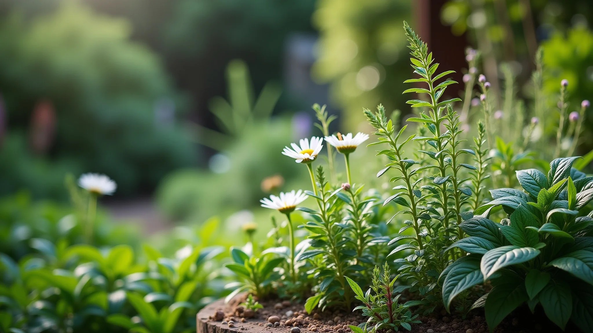 Horta caseira exuberante com plantas medicinais: alecrim, camomila, hortelã, manjericão e sálvia.