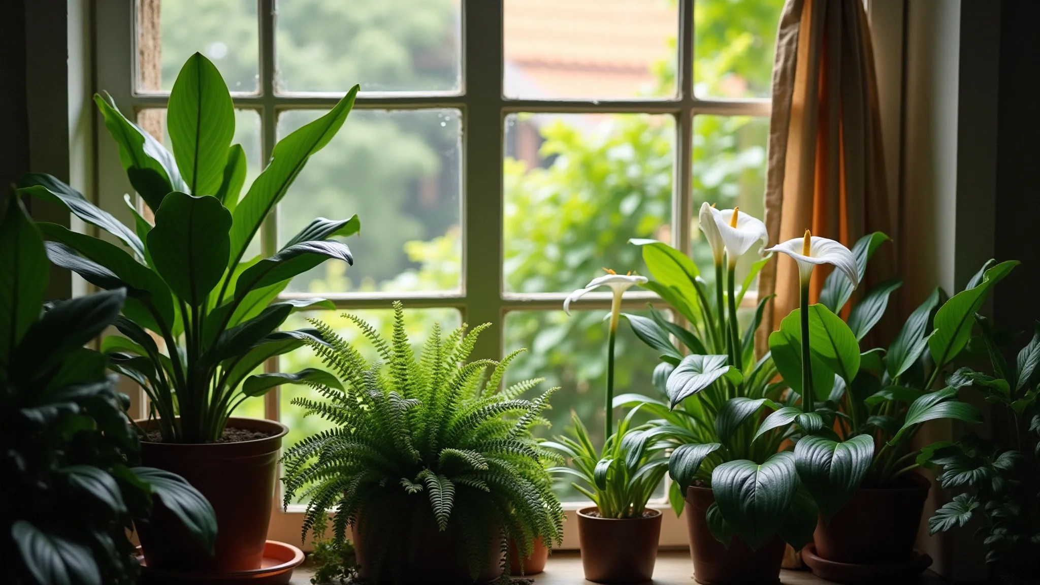 Jardim interno exuberante com samambaias e lírios da paz em luz suave.