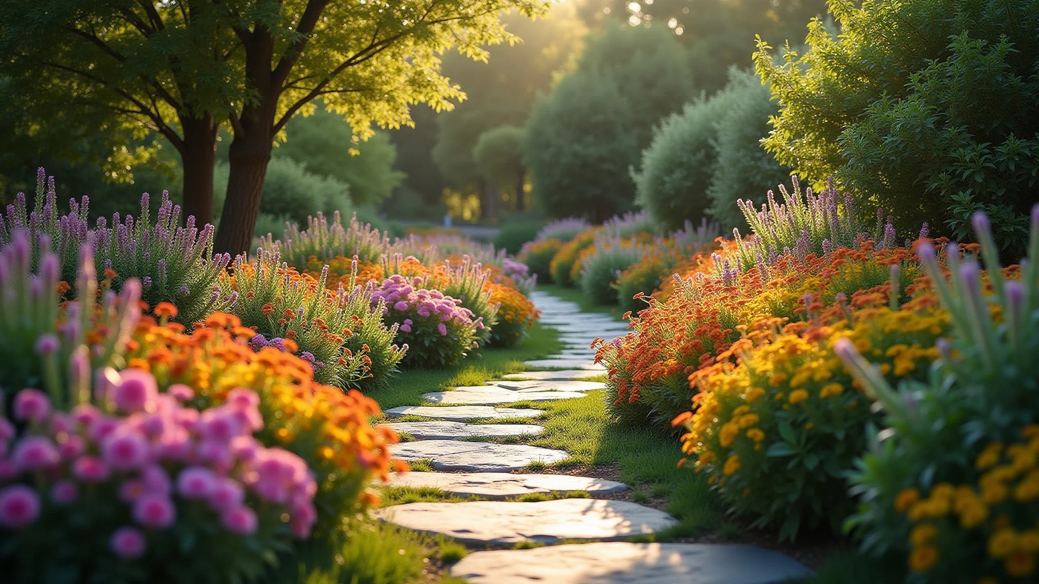 Jardim sensorial exuberante com flores vibrantes, plantas texturizadas e caminho de pedra sinuoso.