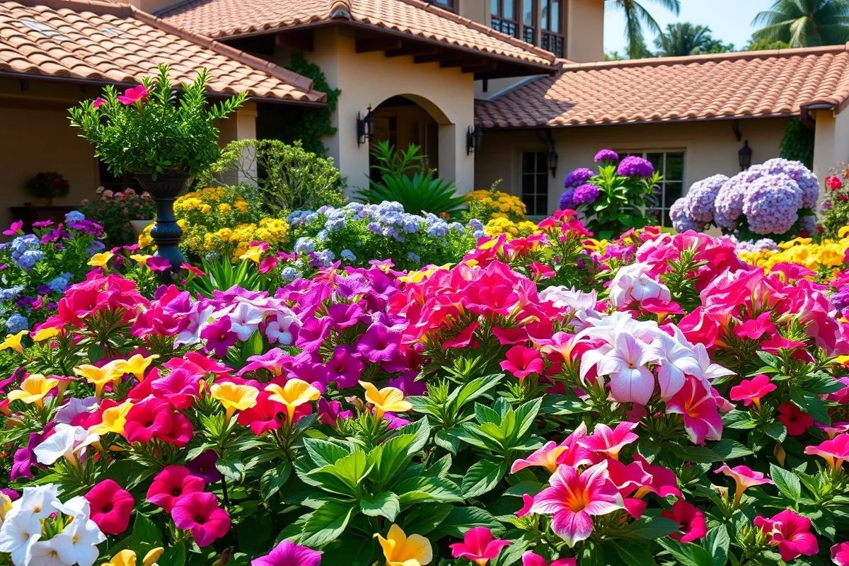 Jardim florido na primavera, com petúnias, azaleias e hortênsias coloridas.