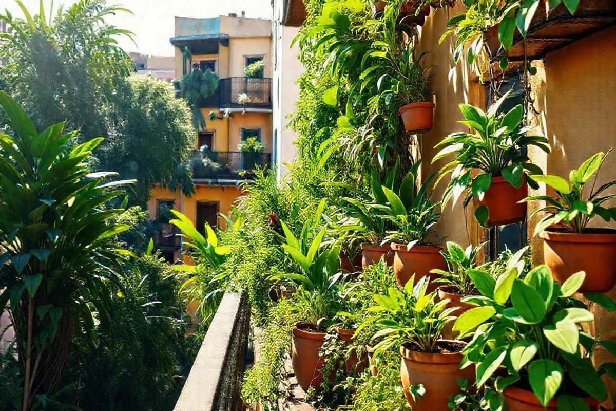 Jardim vertical exuberante em varanda brasileira ensolarada