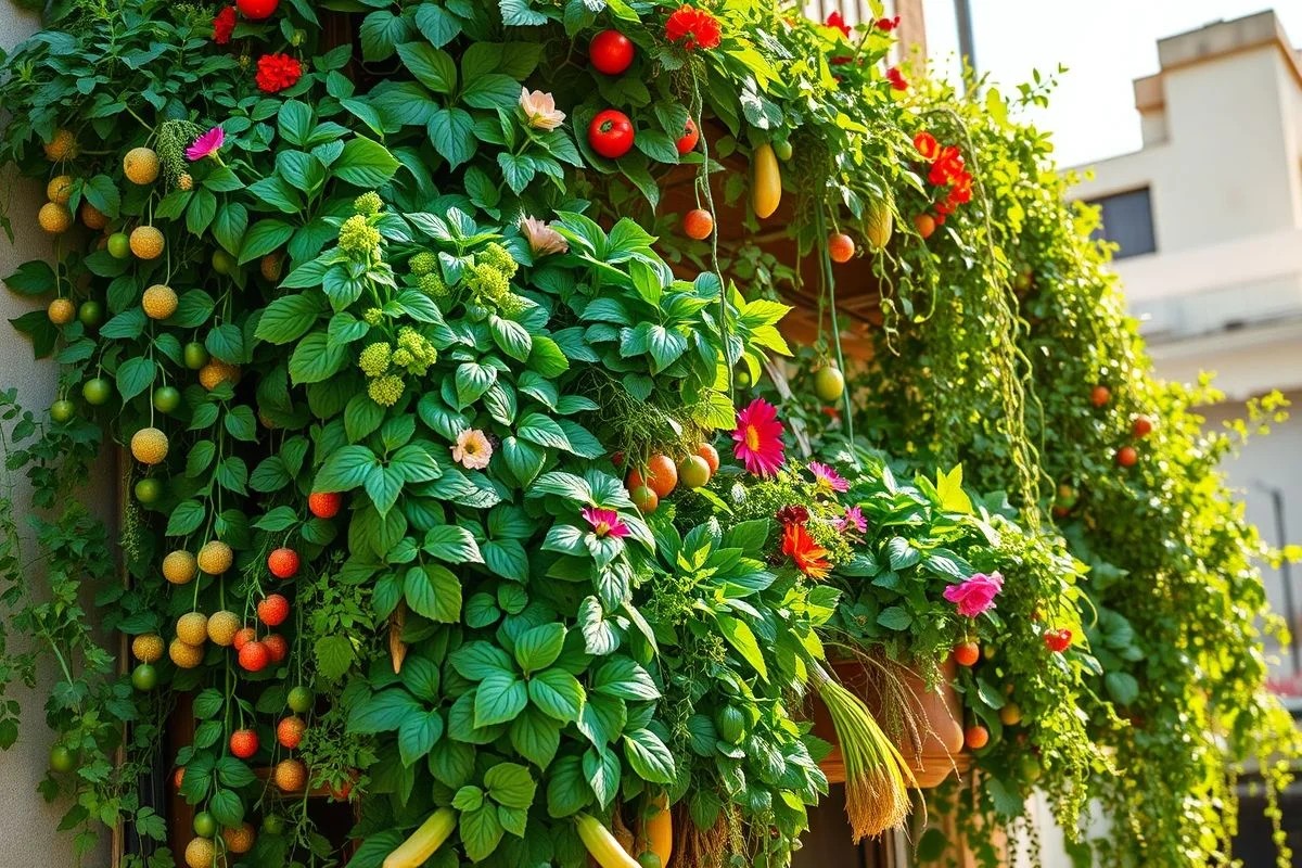 Horta vertical exuberante em varanda brasileira ensolarada.