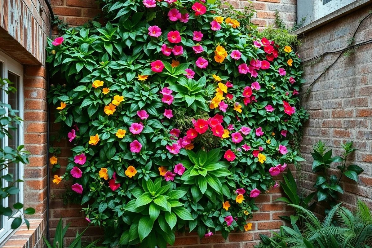 Jardim vertical exuberante em pátio de apartamento brasileiro.