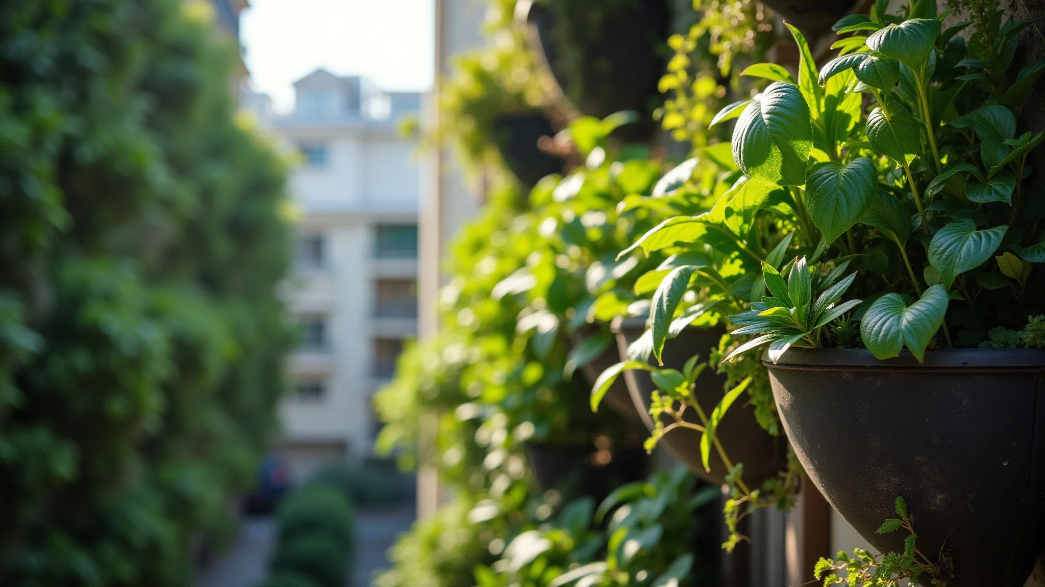 Jardim vertical exuberante com plantas vibrantes em varanda brasileira.