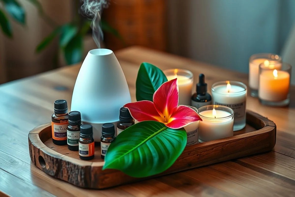 Kit de aromaterapia com óleos essenciais e difusor.
