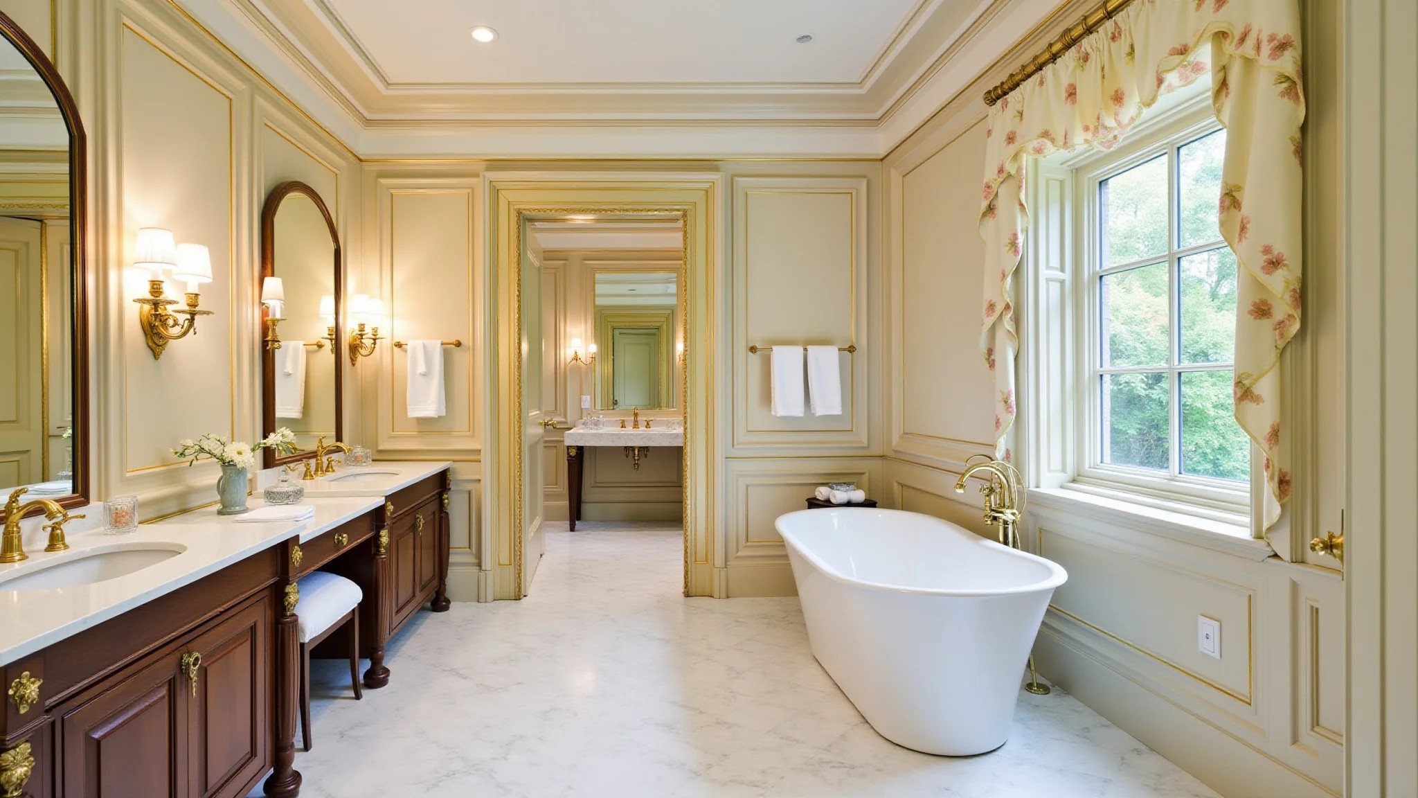 Banheiro luxuoso com detalhes em boiserie e banheira.