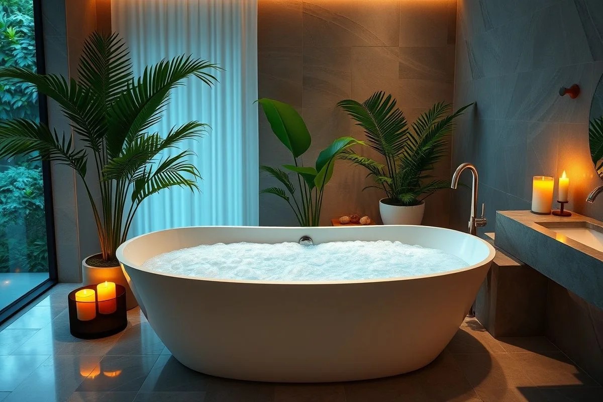 Banheira moderna com espuma e velas em banheiro luxuoso, Brasil