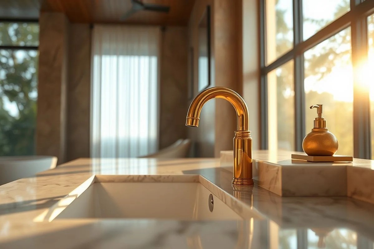 Torneira dourada luxuosa em banheiro com mármore, design elegante e iluminação suave
