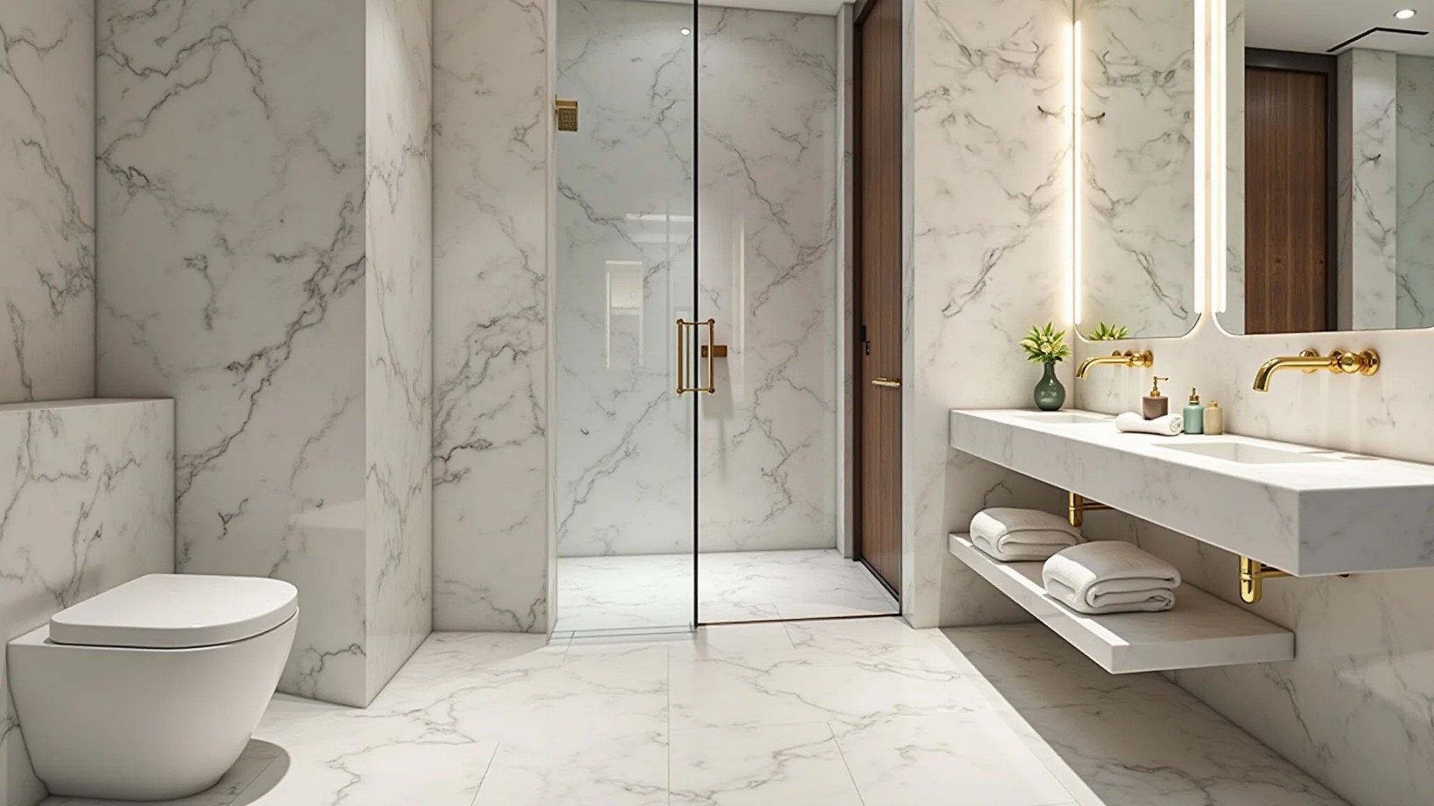 Banheiro luxuoso com mármore, detalhes dourados e iluminação suave.