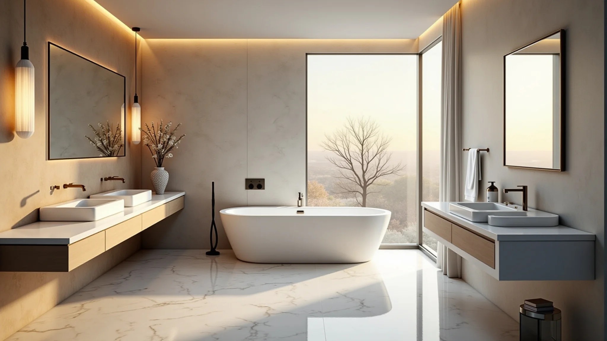 Banheiro luxuoso com piso de mármore Carrara e iluminação suave.