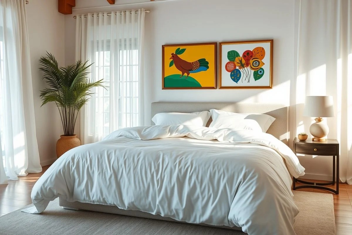 Quarto luxuoso com cama king size e roupa de cama branca de algodão.