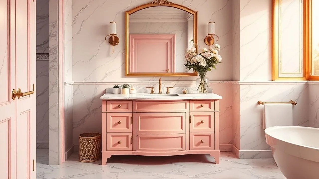 Banheiro rosa luxuoso com detalhes dourados.