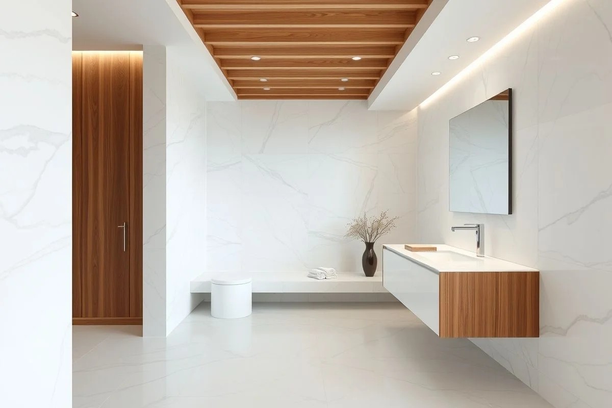 Banheiro luxuoso com lavatório e revestimento de granito branco Itaúnas.