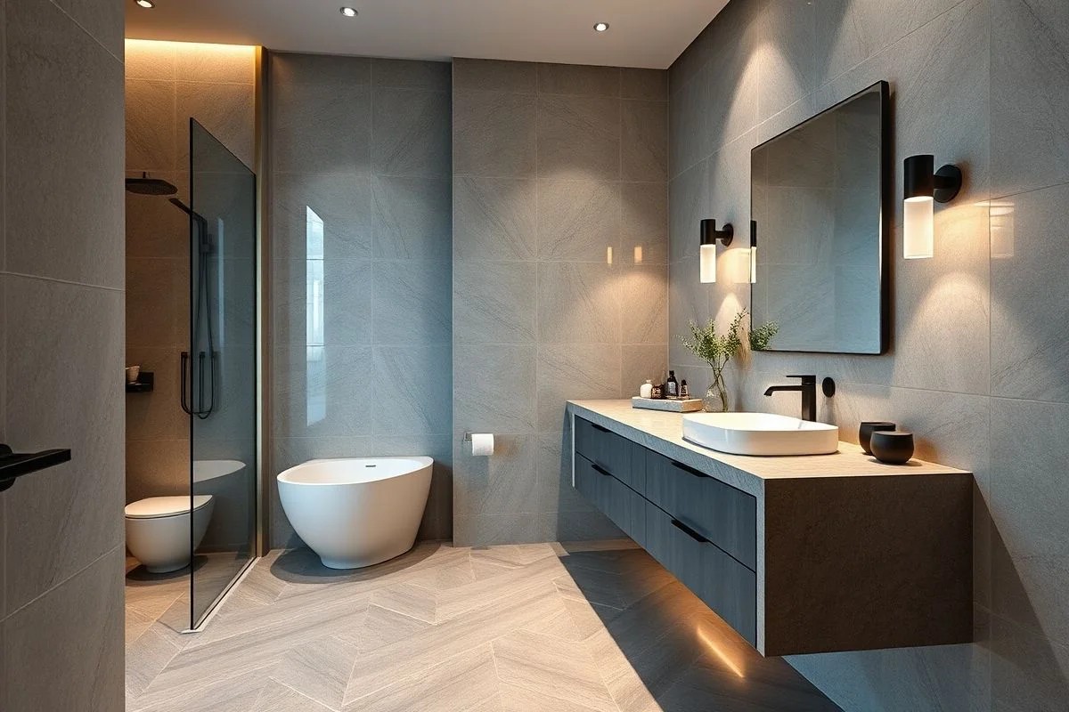 Banheiro elegante com bancada e piso em granito cinza, design moderno e sofisticado.