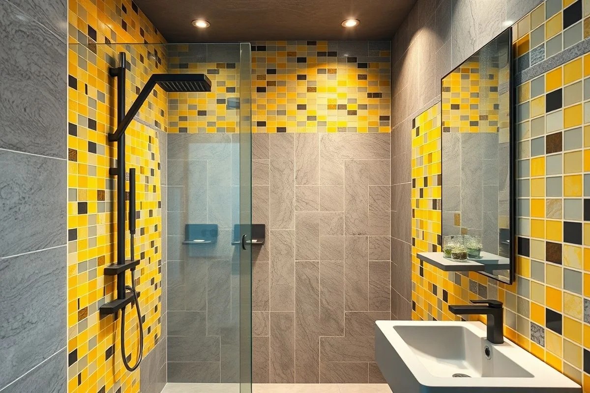 Banheiro luxuoso com azulejos amarelos e cinzas no box, design brasileiro.