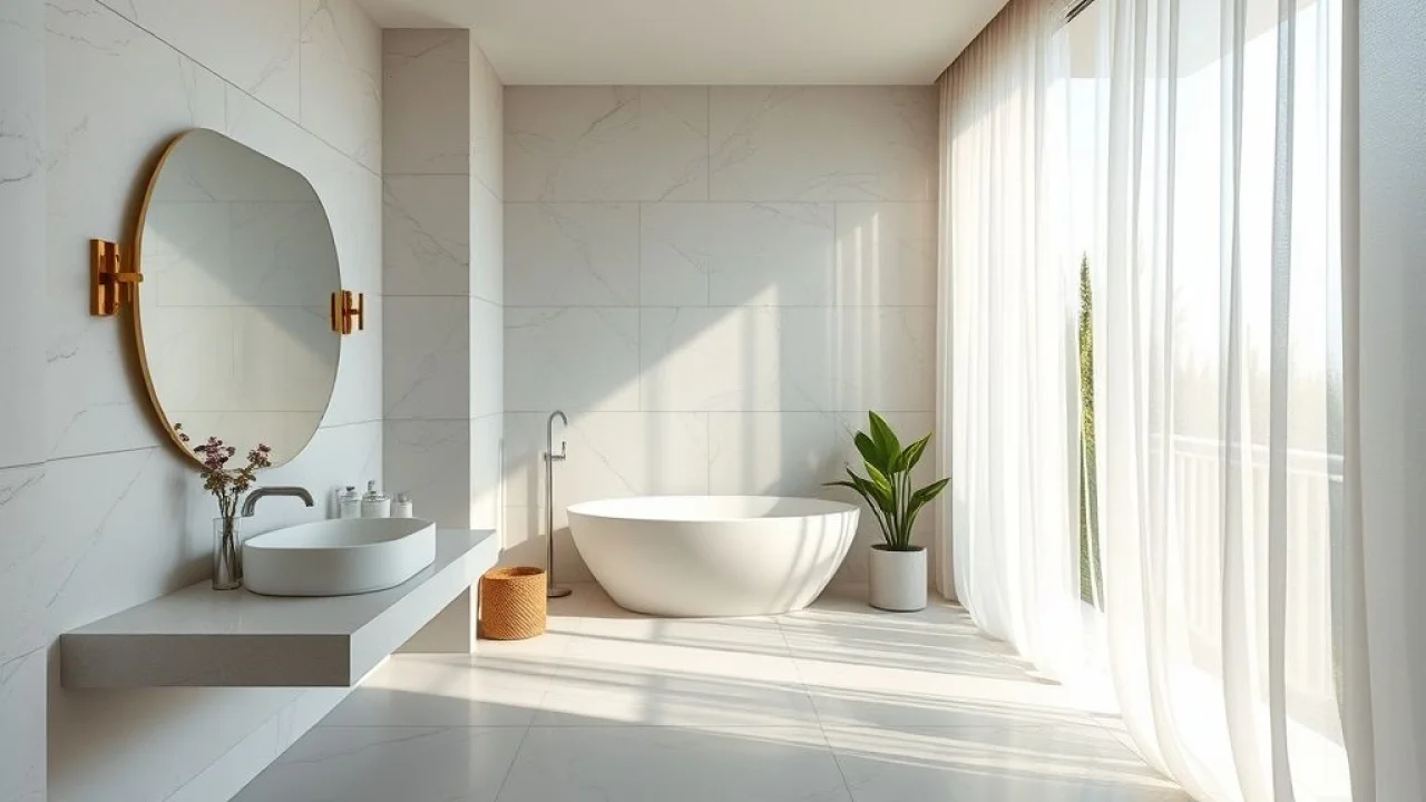 Banheiro moderno com porcelanato, design minimalista e luz natural